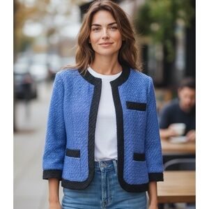 Classic Trenz by T. Rene Women's Blue and Black Tweed Jacket small snaps